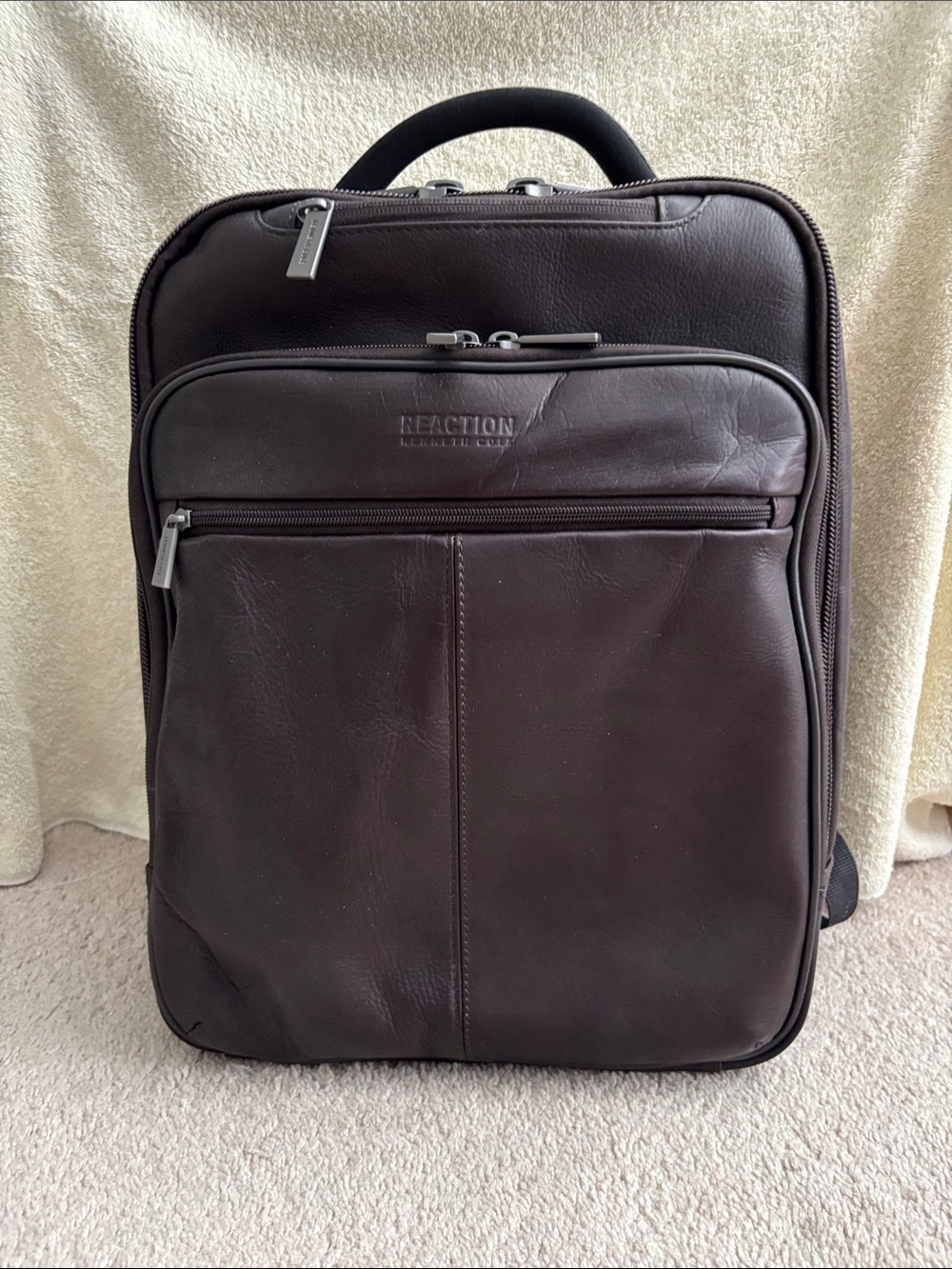 Kenneth Cole Dark Brown Leather Backpack with Front Zip Pockets